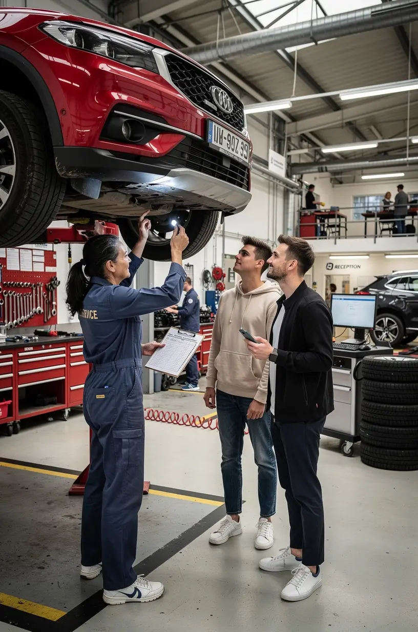 Kunde und Mechaniker besprechen transparente Ergebnisse der Fahrzeugdiagnose im Service-Center.