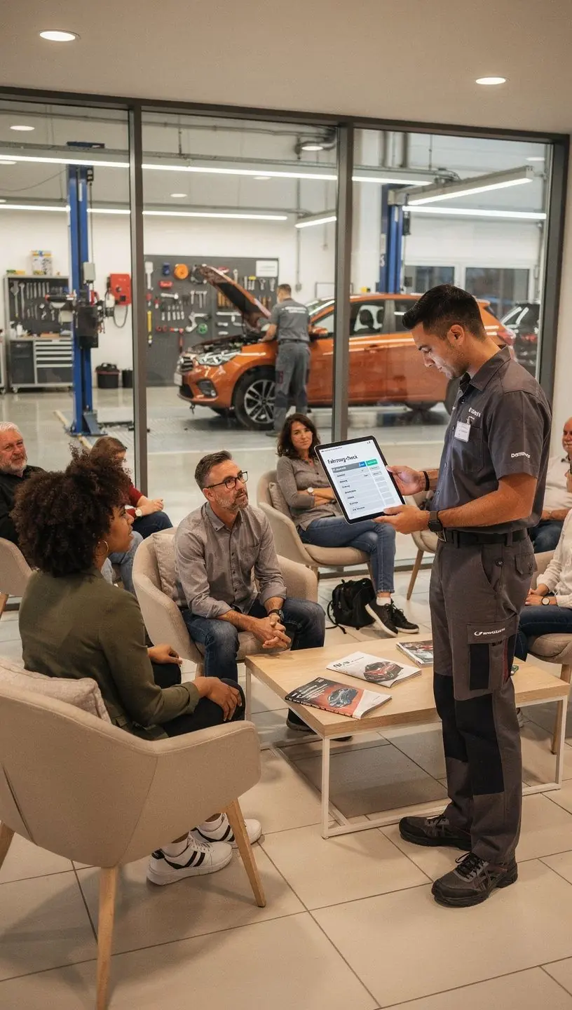 Autowerkstatt-Mitarbeiter inspiziert Bremsanlage eines Fahrzeugs während Vor-Kauf-Check.
